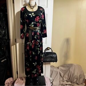 More Jazz Vtg 90s Wms Velvet Floral Pleated Grunge Whimsigoth Midi Dress 16